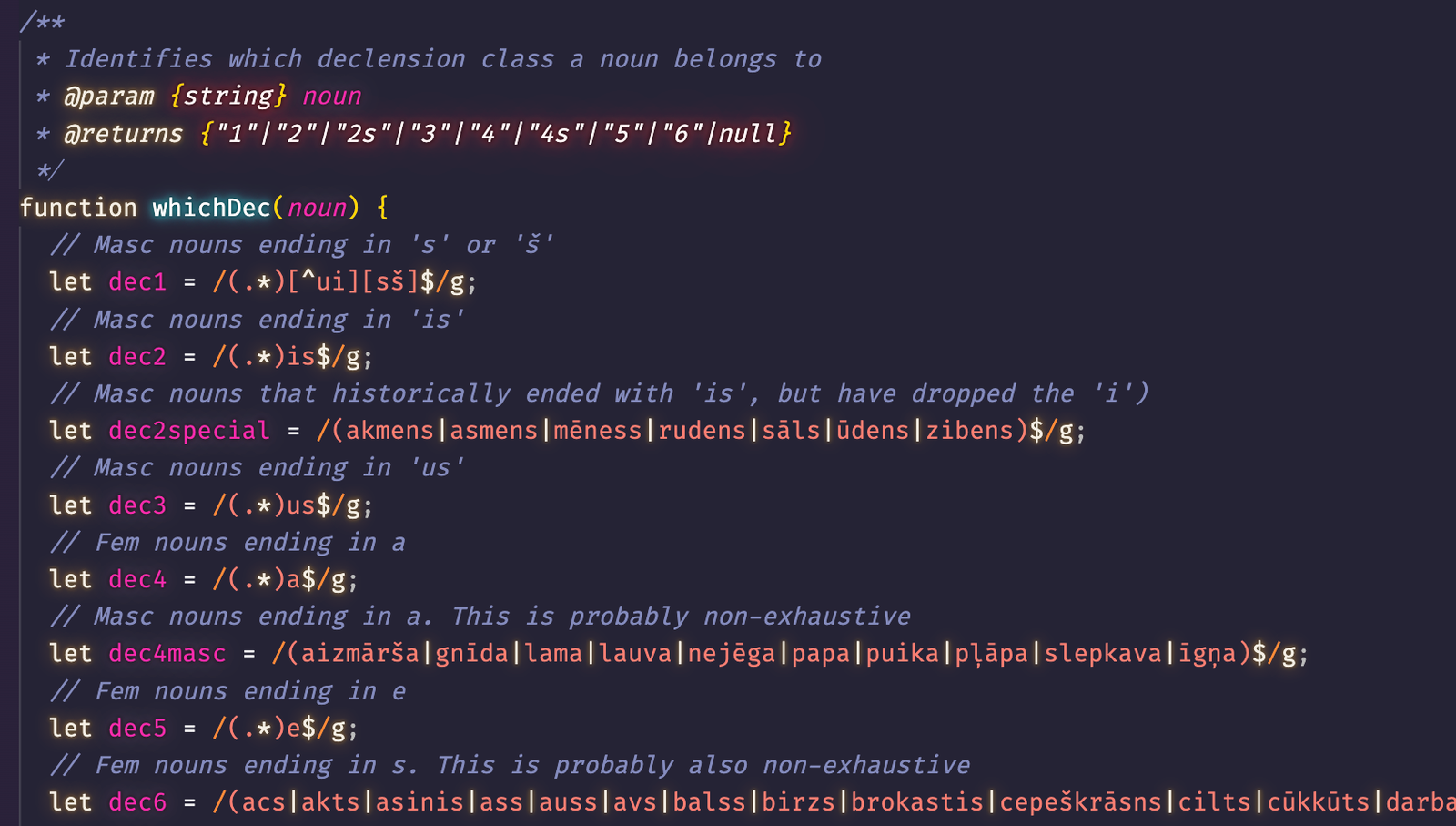 A screenshot of some of the code from my side-project, showing how I used regex to determine the noun class